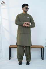 Dusty Olive Men’s Kameez Shalwar with Waistcoat (RJ-KW158)