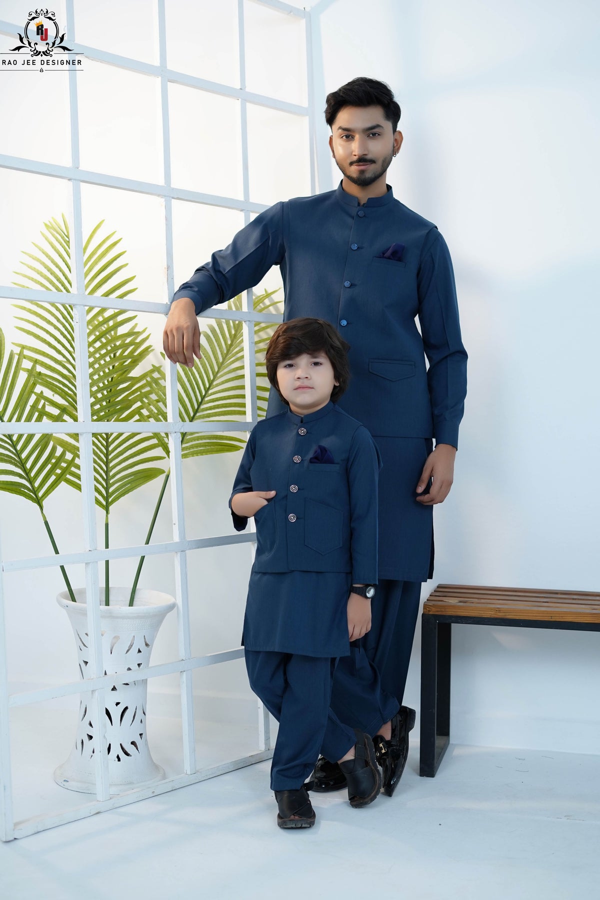 Deep Marine Blue Men’s Kameez Shalwar with Waistcoat (RJ-KW160)