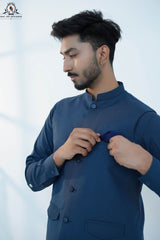 Deep Marine Blue Men’s Kameez Shalwar with Waistcoat (RJ-KW160)