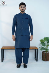 Deep Marine Blue Men’s Kameez Shalwar with Waistcoat (RJ-KW160)