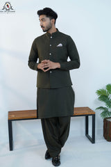 Men’s Olive Green Traditional Kameez Shalwar with Waistcoat (RJ-KW162)