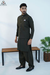 Men’s Olive Green Traditional Kameez Shalwar with Waistcoat (RJ-KW162)