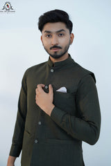 Men’s Olive Green Traditional Kameez Shalwar with Waistcoat (RJ-KW162)