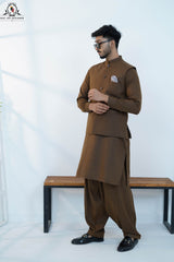 Cedar Brown Men’s Kameez Shalwar with Waistcoat (RJ-KW163)