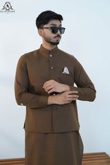 Cedar Brown Men’s Kameez Shalwar with Waistcoat (RJ-KW163)