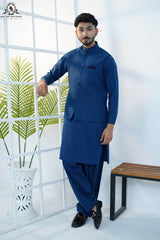Sapphire Blue Men’s Kameez Shalwar with Waistcoat (RJ-KW164)