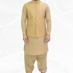 Golden Men's Kameez Shalwar with Sequin embroidery Waistcoat (RJ-KSW114)