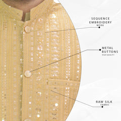 Golden Men's Kameez Shalwar with Sequin embroidery Waistcoat (RJ-KSW114)