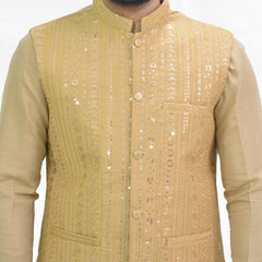 Golden Men's Kameez Shalwar with Sequin embroidery Waistcoat (RJ-KSW114)