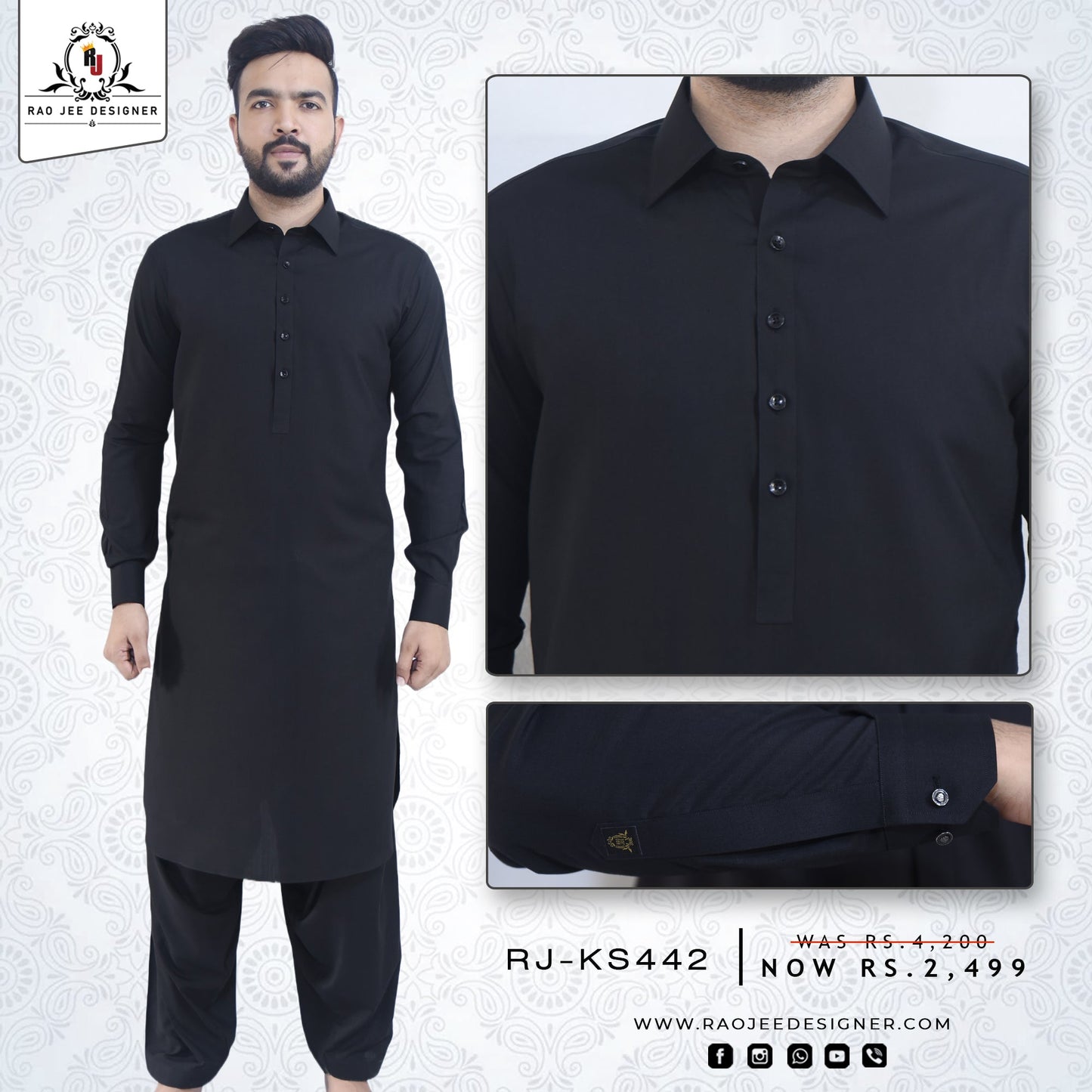 Black kameez shalwar wash & wear RJ - KS442 - Rao Jee Designer