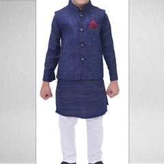 Boys Blue Kurta Pajama with Sequence Embroidery Waistcoat RJ - KIDS172 - Rao Jee Designer