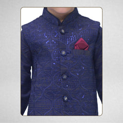 Boys Blue Kurta Pajama with Sequence Embroidery Waistcoat RJ - KIDS172 - Rao Jee Designer