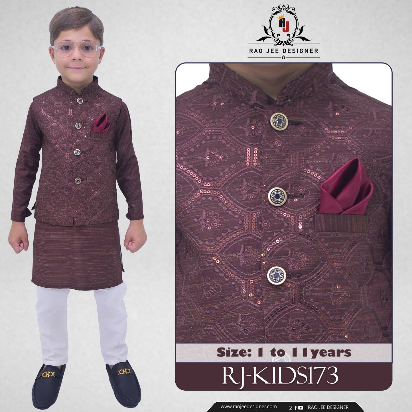 Boys Brown Kurta Pajama with Sequence Embroidery Waistcoat RJ - KIDS173 - Rao Jee Designer