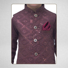 Boys Brown Kurta Pajama with Sequence Embroidery Waistcoat RJ - KIDS173 - Rao Jee Designer
