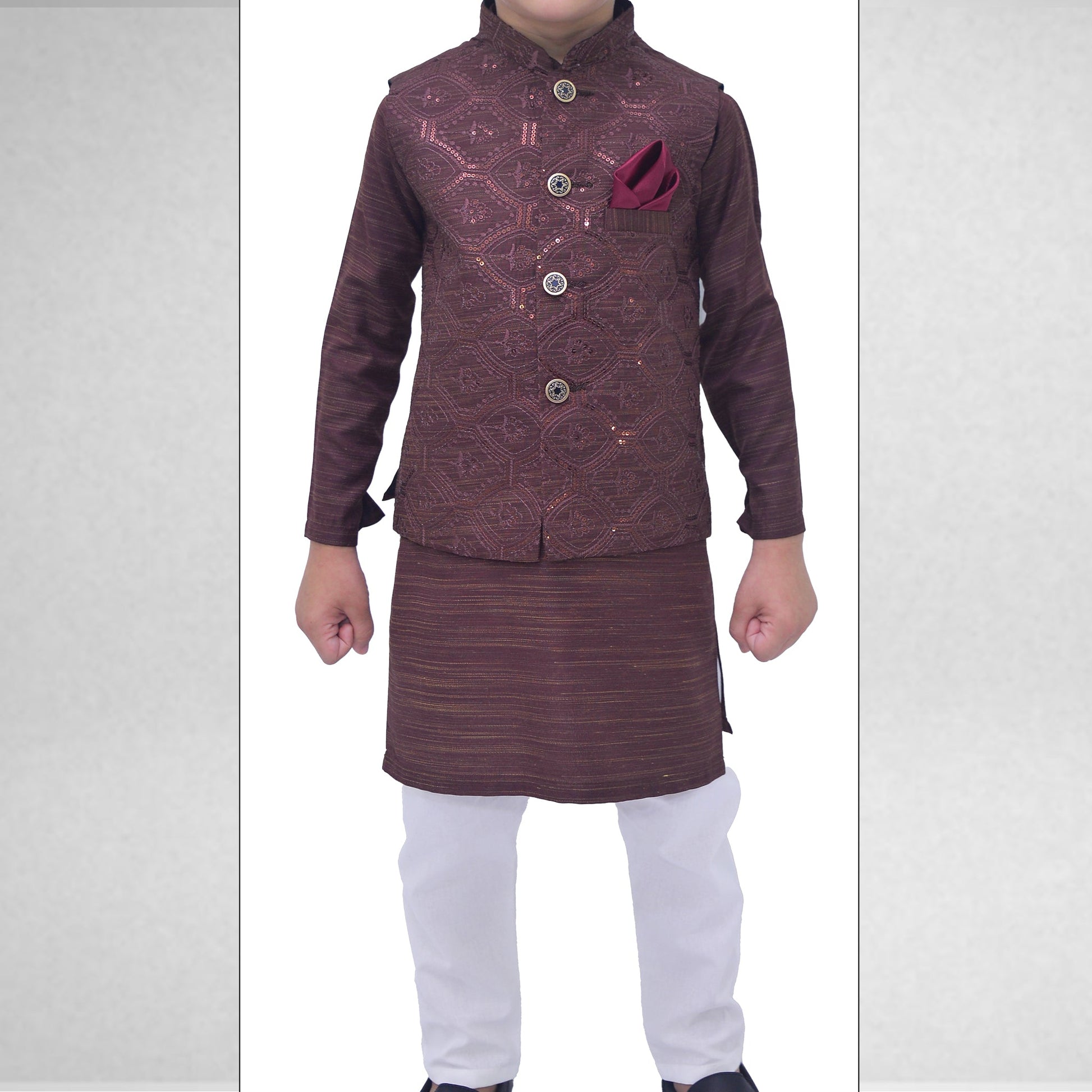 Boys Brown Kurta Pajama with Sequence Embroidery Waistcoat RJ - KIDS173 - Rao Jee Designer