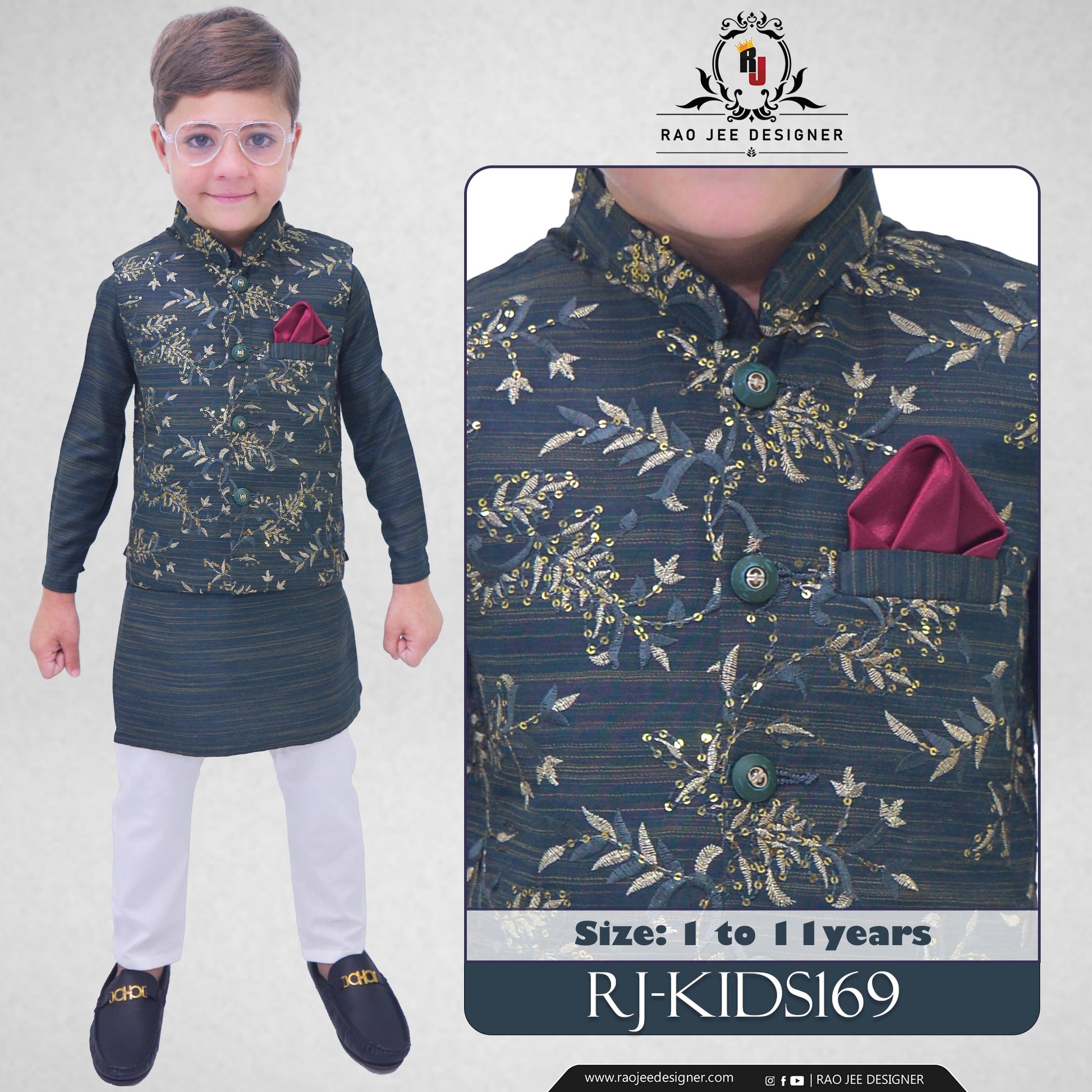 Boys Deep Sea Green Kurta Pajama with Sequence Embroidery Waistcoat RJ - KIDS169 - Rao Jee Designer