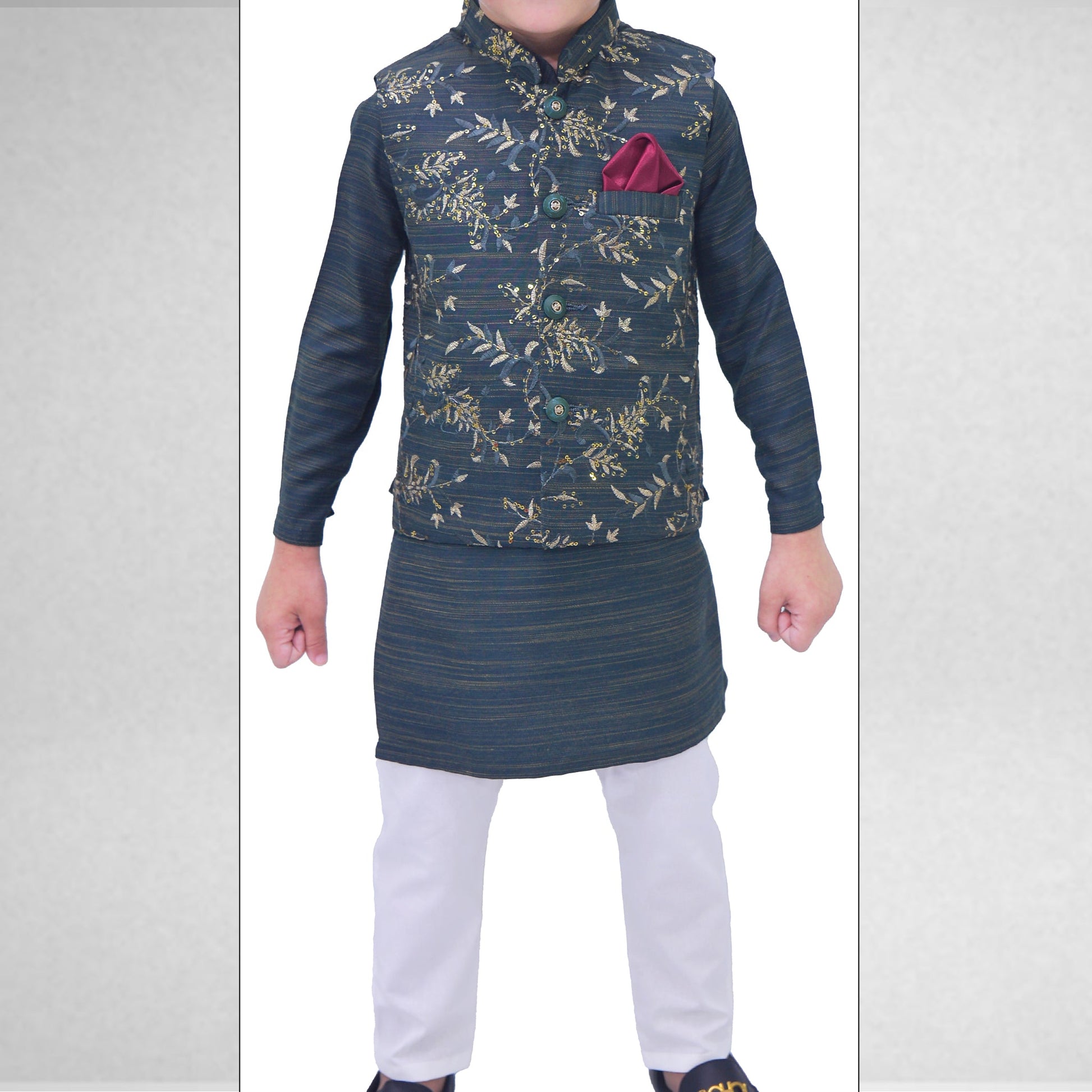 Boys Deep Sea Green Kurta Pajama with Sequence Embroidery Waistcoat RJ - KIDS169 - Rao Jee Designer