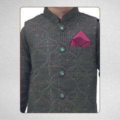 Boys Green Kurta Pajama with Sequence Embroidery Waistcoat RJ - KIDS171 - Rao Jee Designer
