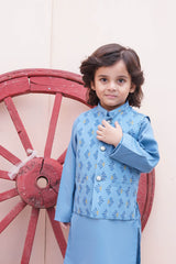 Sky Blue Kids Kurta Pajama with Printed Waistcoat RJ-KIDS126
