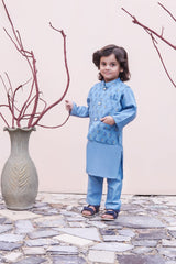 Sky Blue Kids Kurta Pajama with Printed Waistcoat RJ-KIDS126
