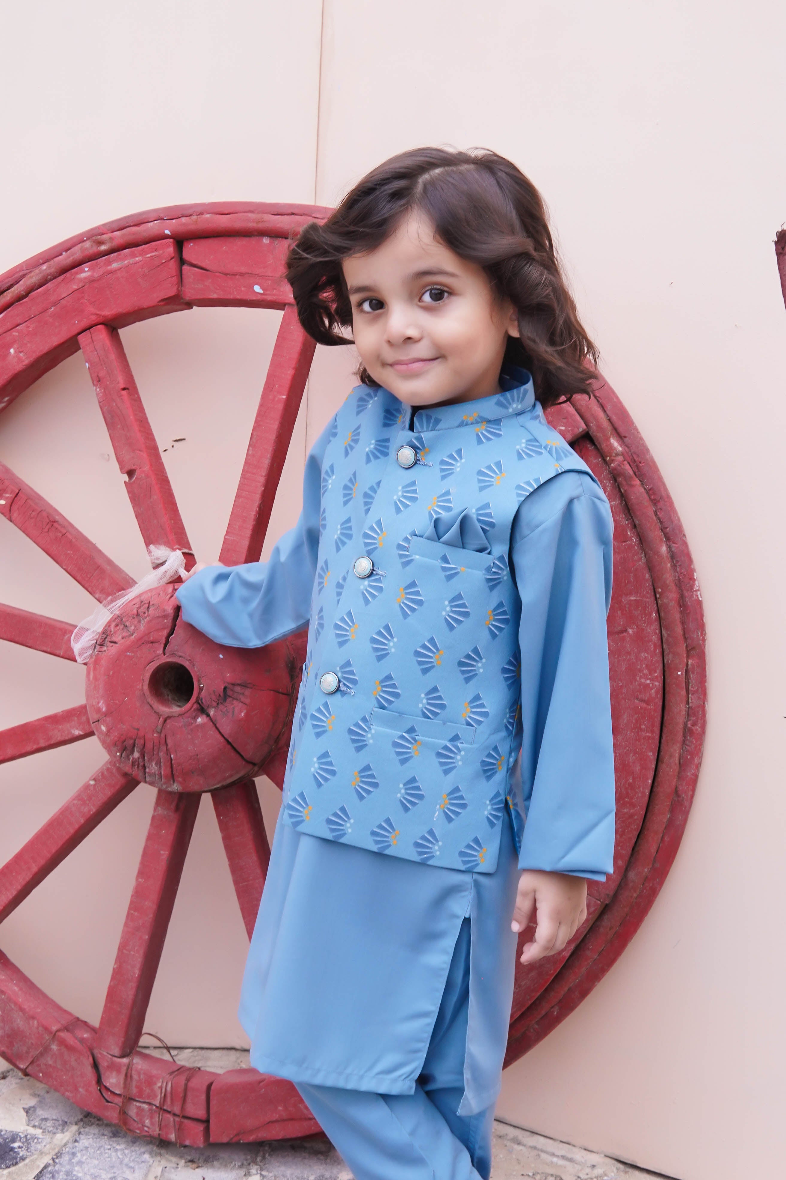 Sky Blue Kids Kurta Pajama with Printed Waistcoat RJ-KIDS126