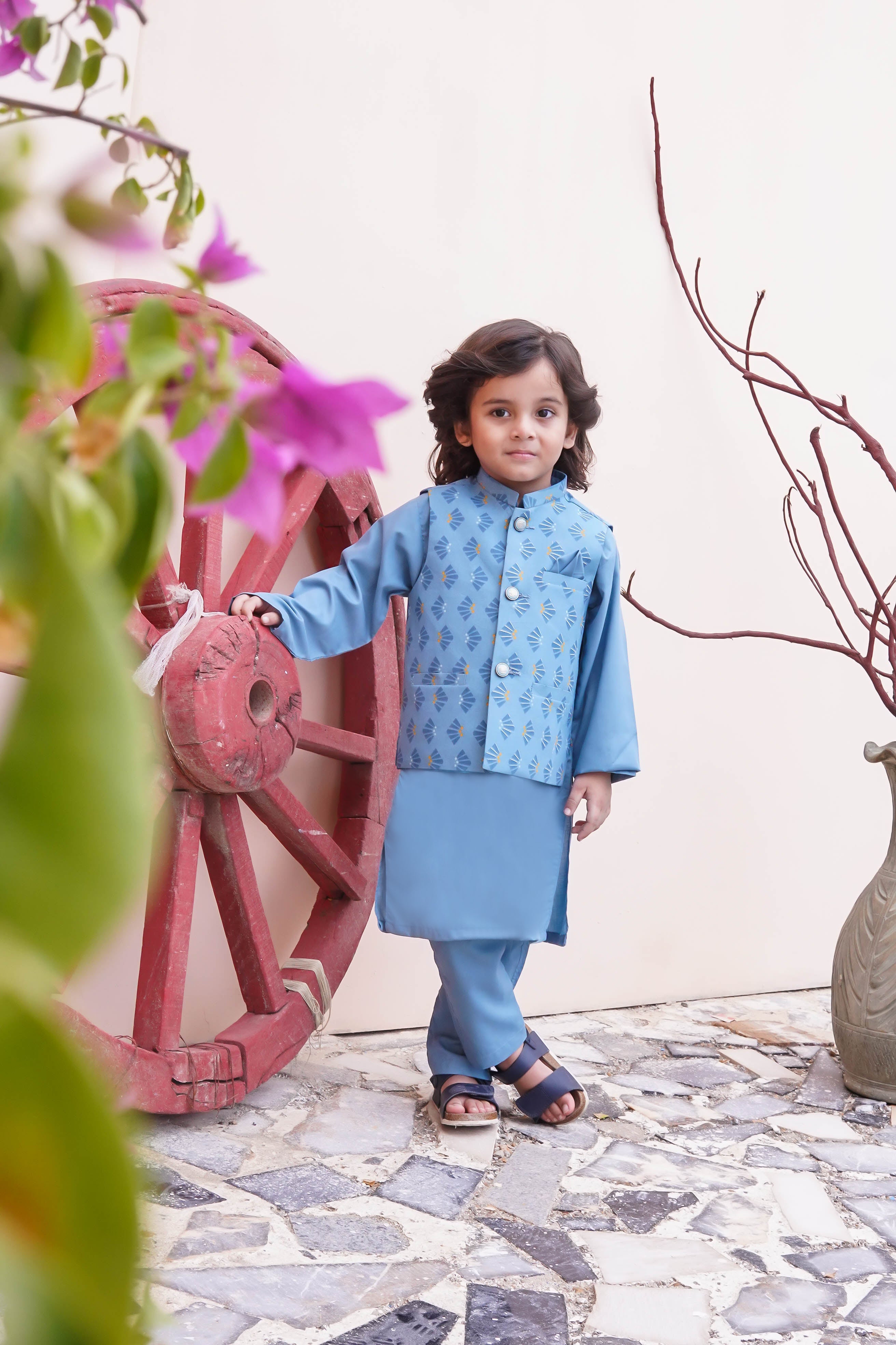 Sky Blue Kids Kurta Pajama with Printed Waistcoat RJ-KIDS126