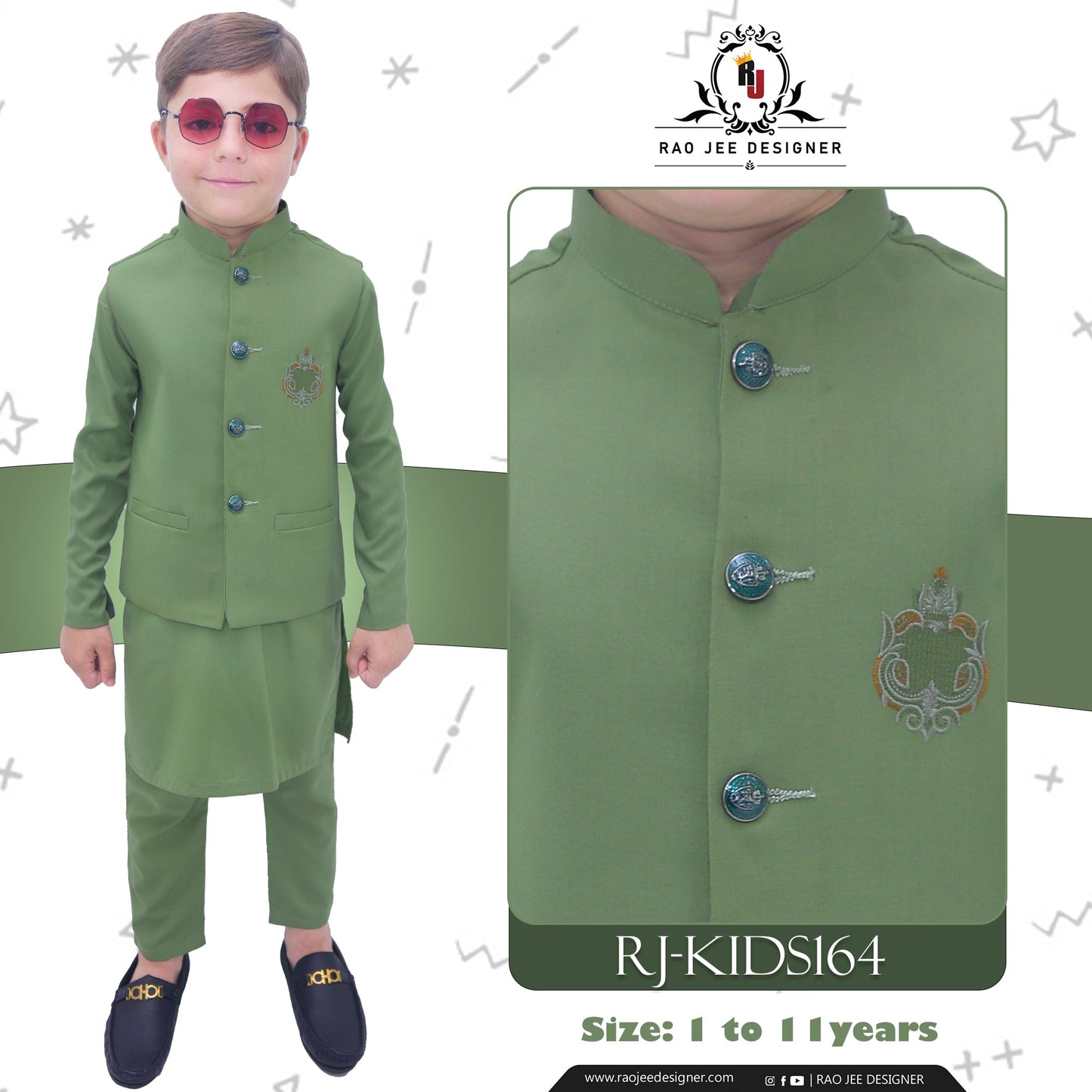 Green Boys Kurta Pajama with Waistcoat RJ - KIDS164 - Rao Jee Designer