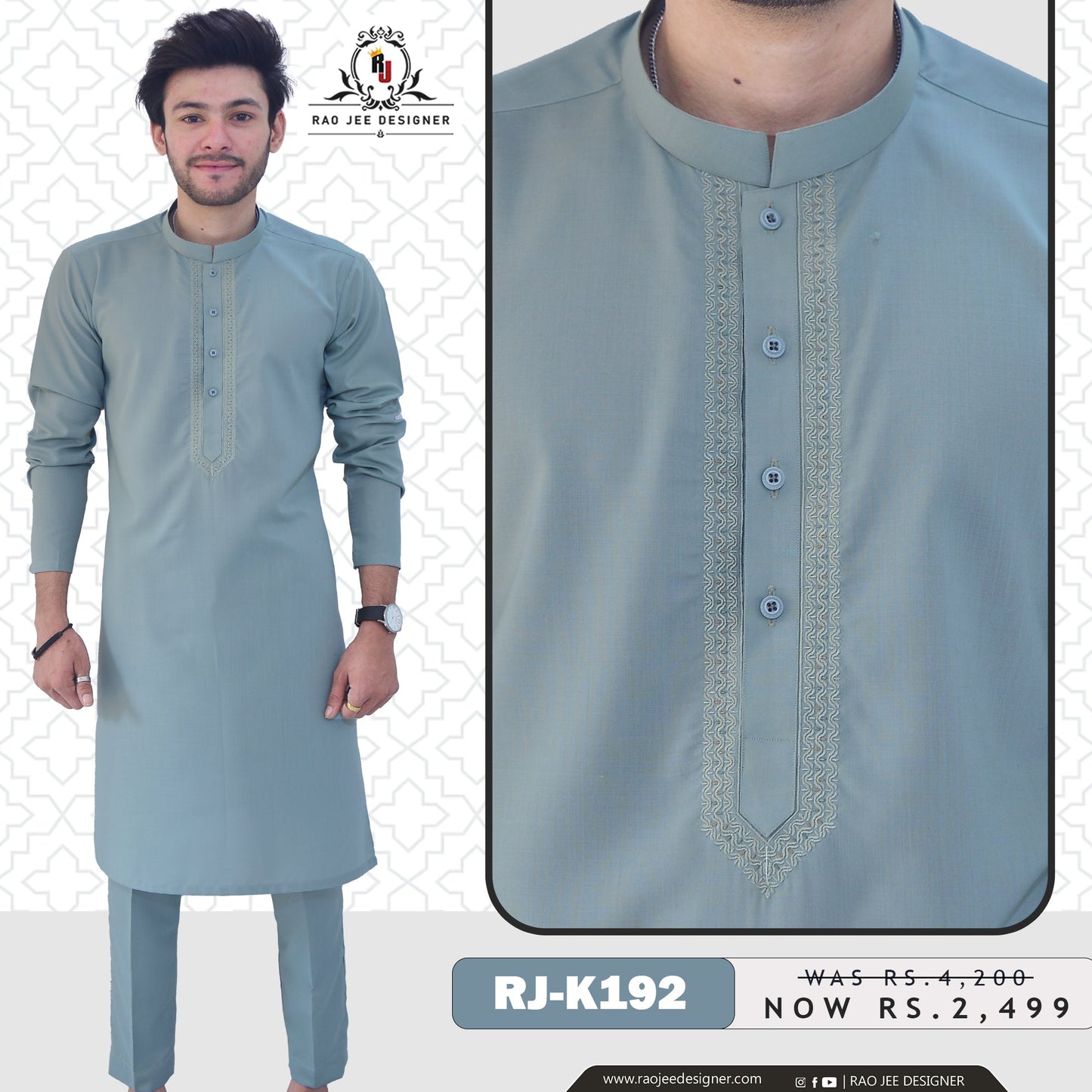 Light Sea Green Men's Kurta Pajama RJ - K192 - Rao Jee Designer