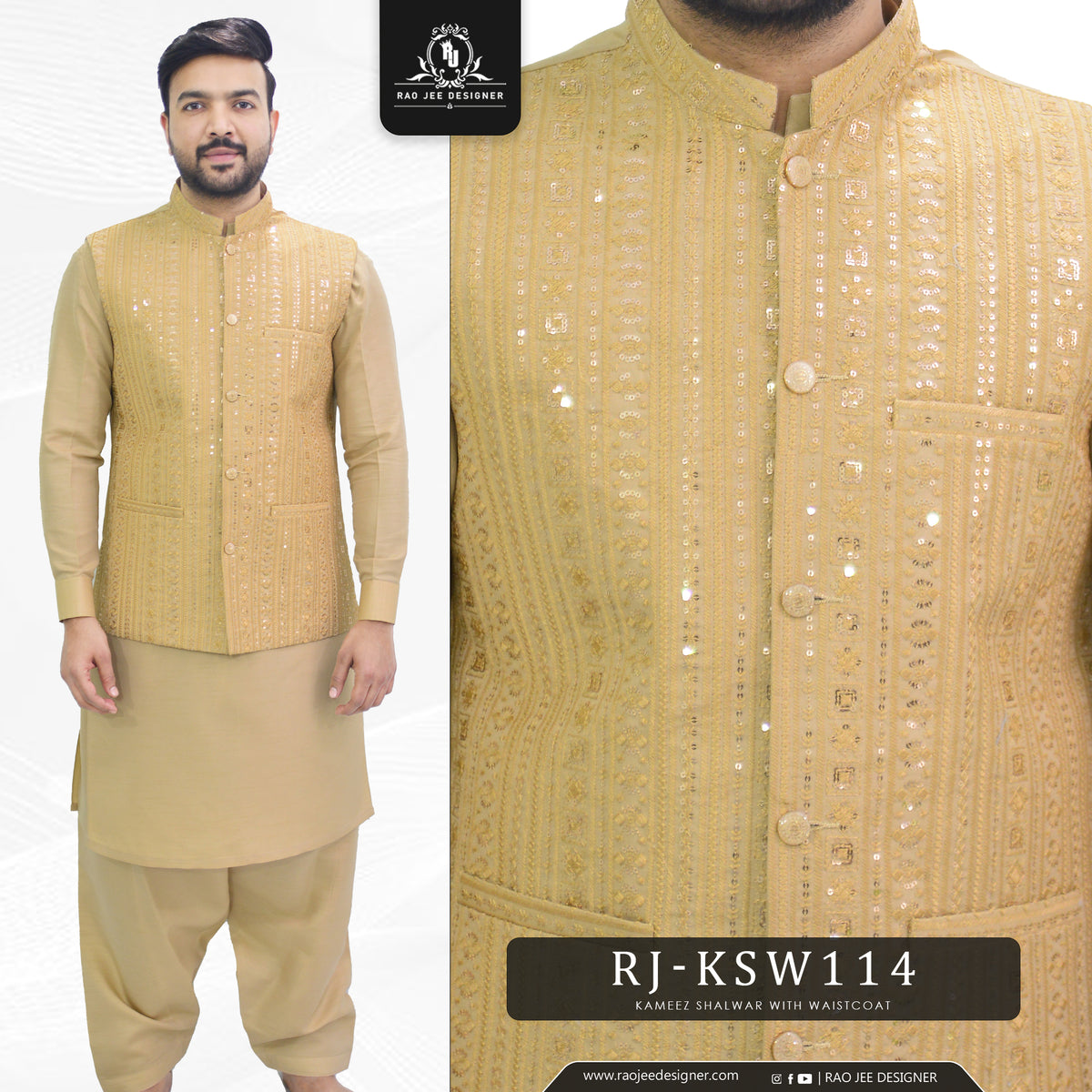 Golden Men's Kameez Shalwar with Sequin embroidery Waistcoat (RJ-KSW114)