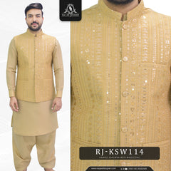 Golden Men's Kameez Shalwar with Sequin embroidery Waistcoat (RJ-KSW114)