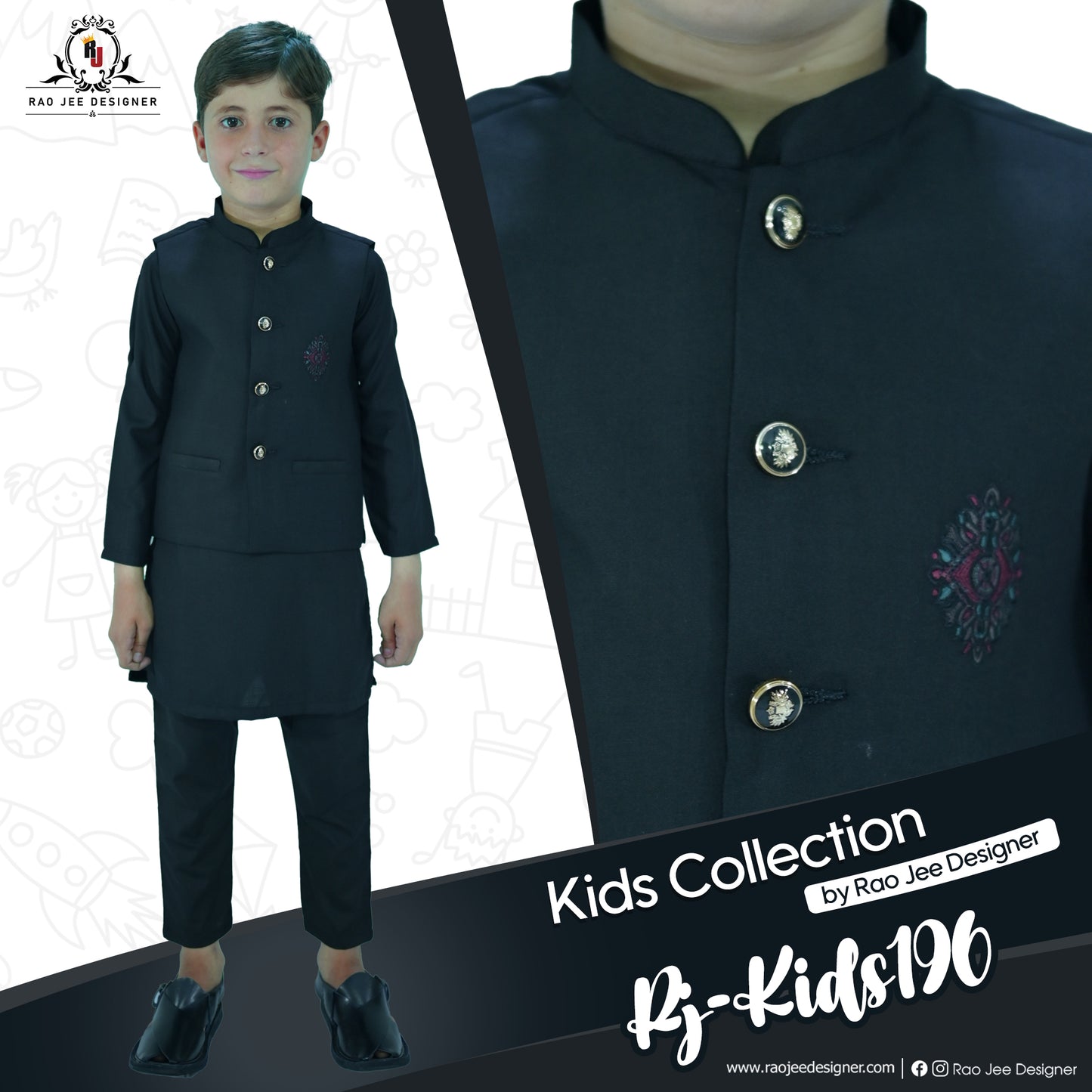 Black Boys Kurta Pajama with Waistcoat RJ-KIDS196