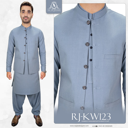 Light Steel Blue Men's Kameez Shalwar with Waistcoat (RJ-KSW123)