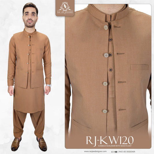 Burnt Caramel Men's Kameez Shalwar with Waistcoat (RJ-KSW120)
