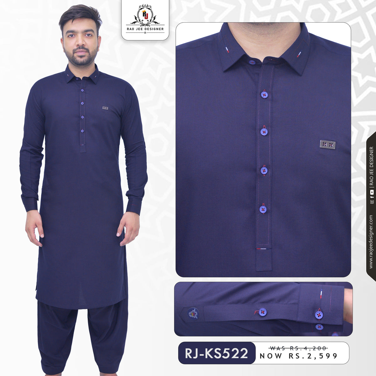 Navy Blue Men's Kameez Shalwar Wash & Wear Ready To Wear  RJ-KS522
