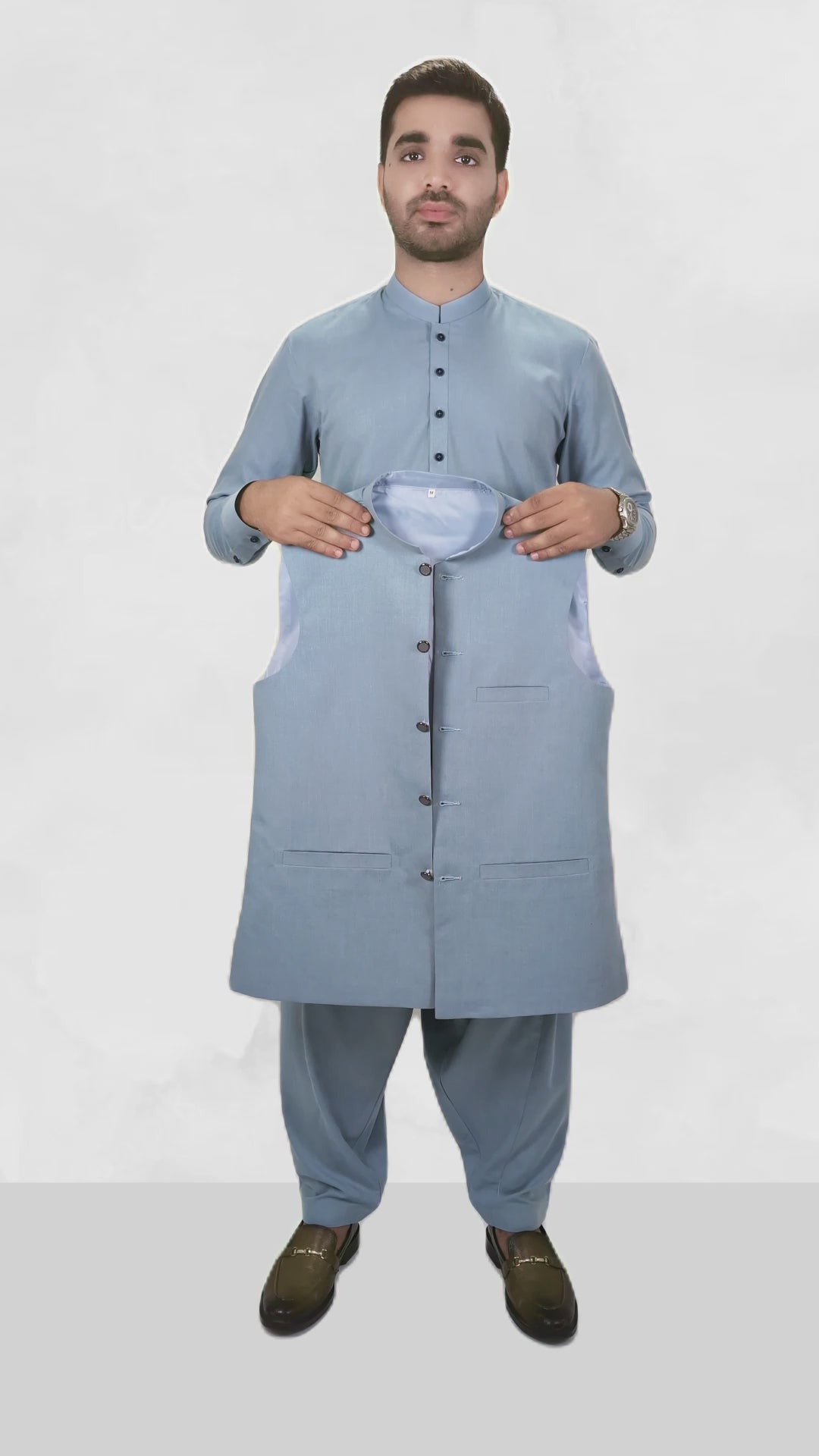 Light Steel Blue Men's Kameez Shalwar with Waistcoat (RJ-KSW123)