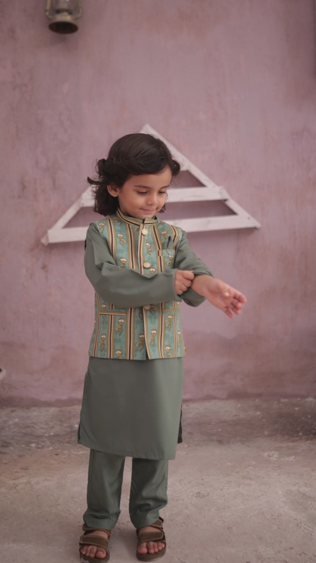 Muted Green Kids Kurta Pajama with Printed Waistcoat  RJ-KIDS123