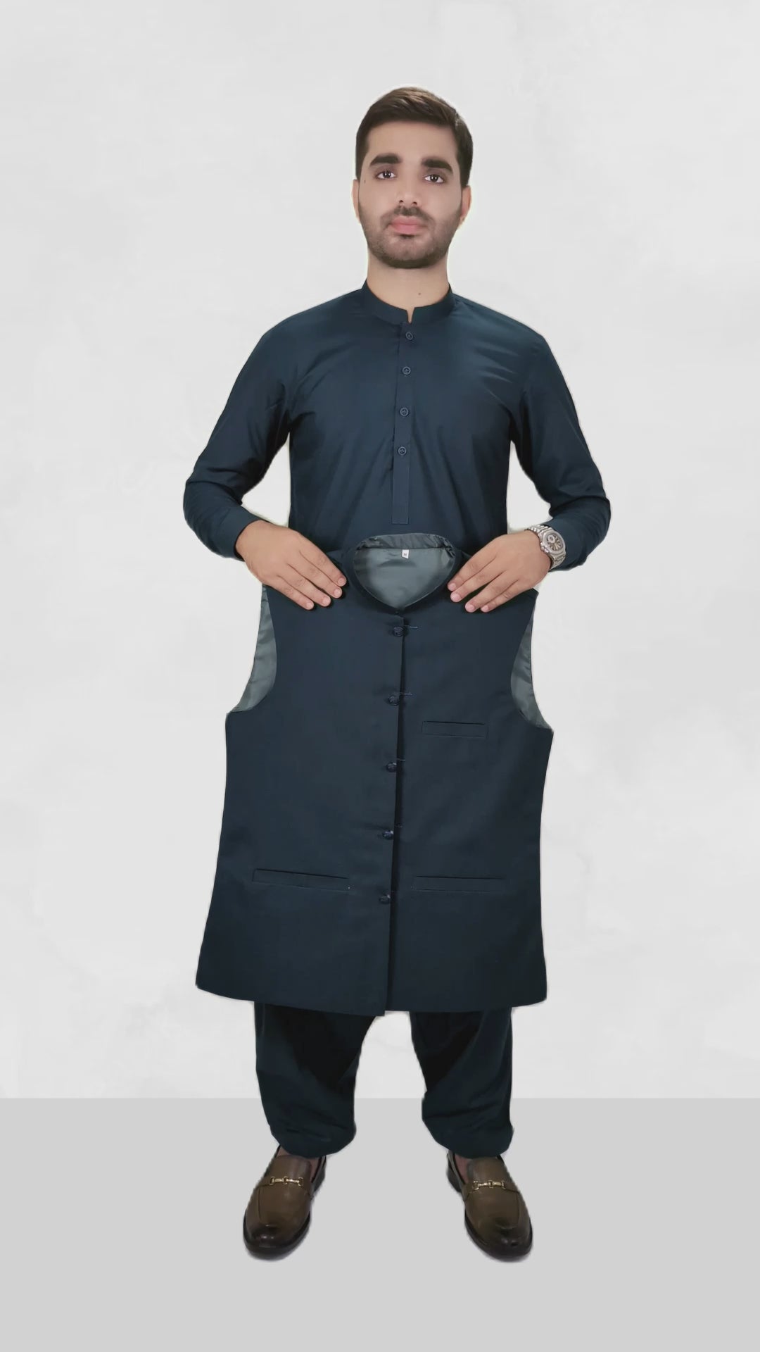 Deep Space Blue Men's Kameez Shalwar with Waistcoat (RJ-KSW122)