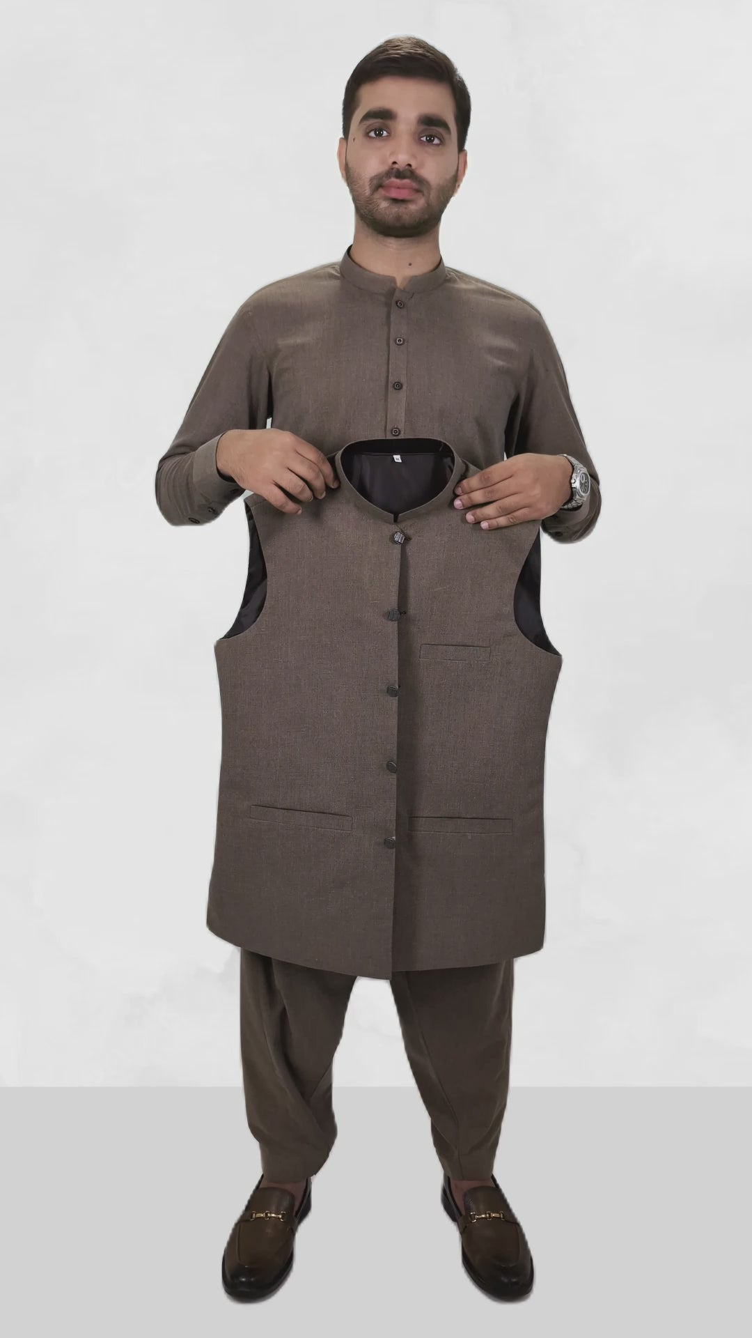 Driftwood Brown Men's Kameez Shalwar with Waistcoat (RJ-KSW119)