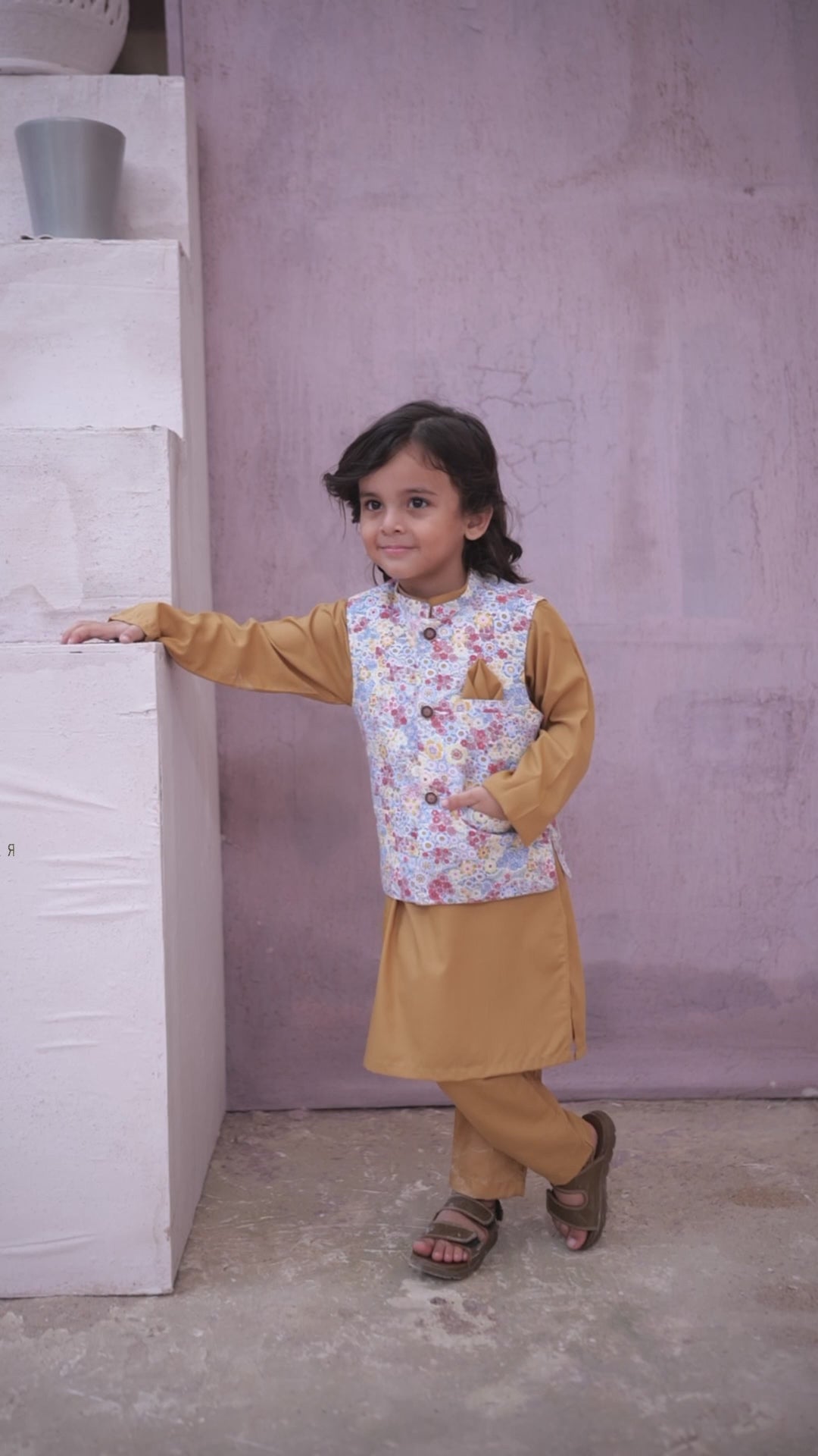 Burnt Peach Kids Kurta Pajama with Printed Waistcoat RJ-KIDS122