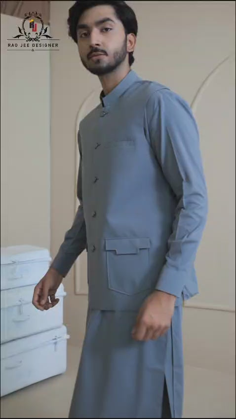 Cool Grey Men's Kameez Shalwar with Waistcoat (RJ-KSW132)