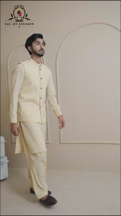 Light Khaaki Men's Kameez Shalwar with Waistcoat (RJ-KSW134)
