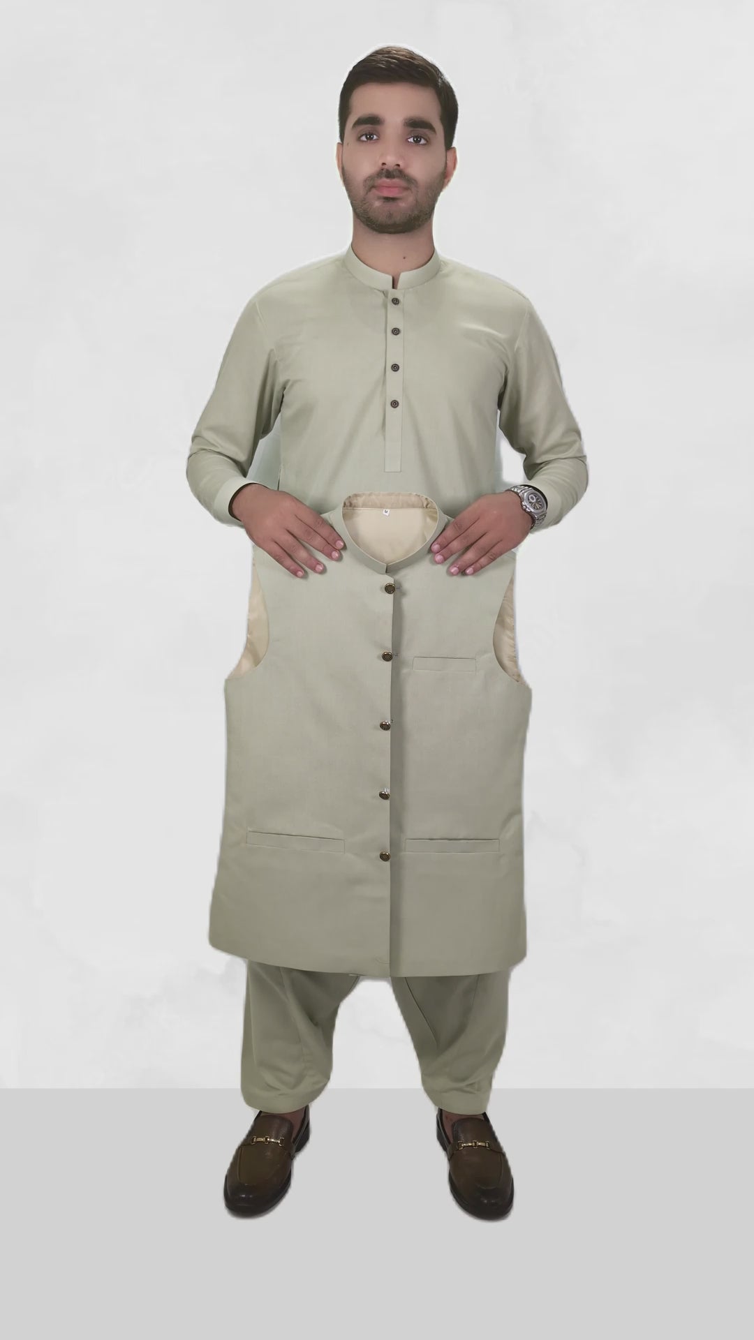Sage Green Men's Kameez Shalwar with Waistcoat (RJ-KSW124)