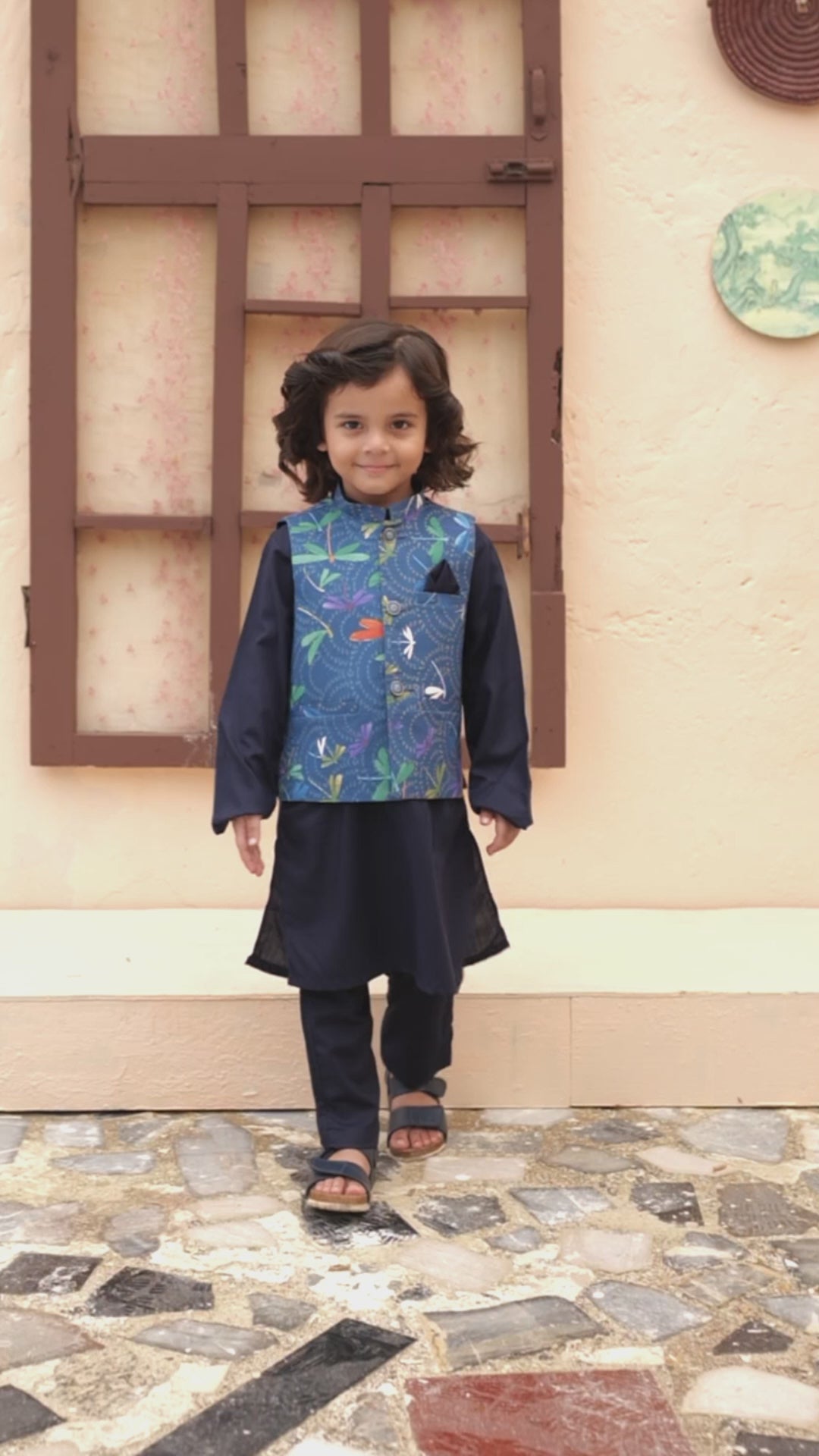 Navy Blue Kids Kurta Pajama with Printed Waistcoat RJ-KIDS121