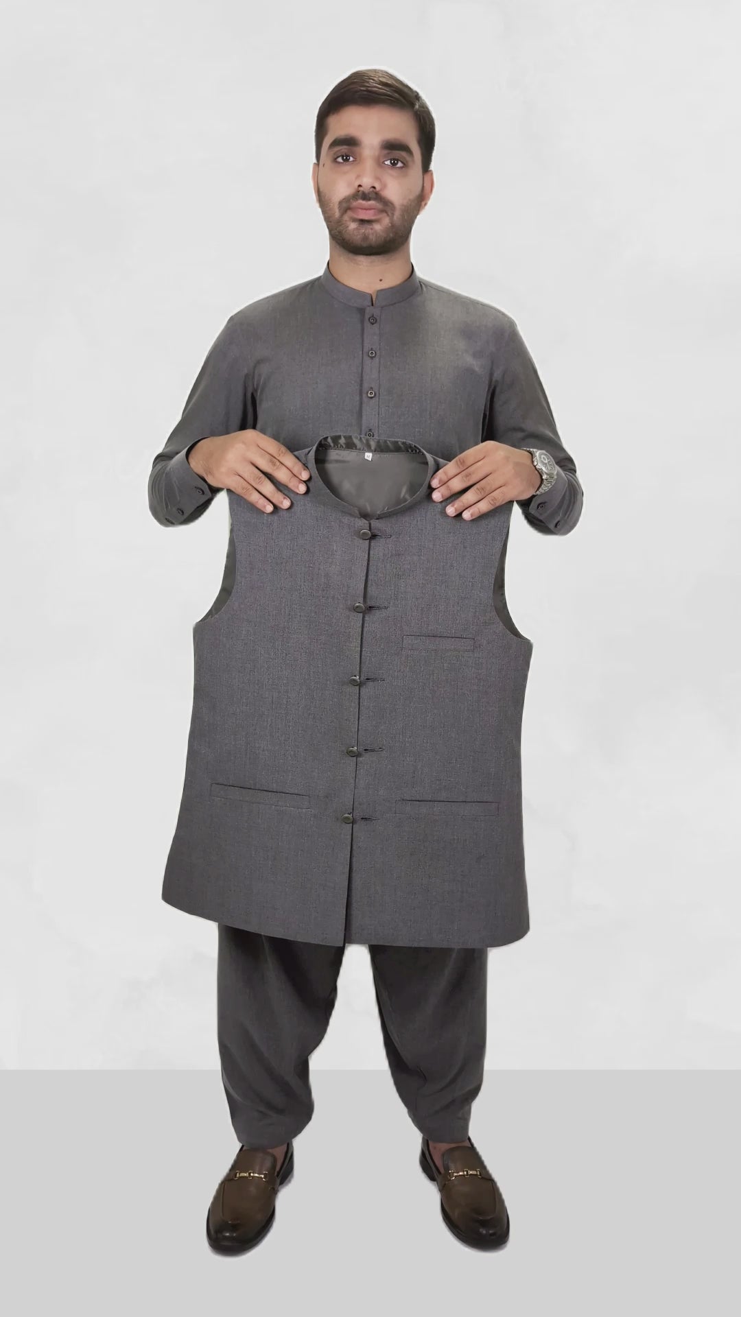 Charcoal Grey Men's Kameez Shalwar with Waistcoat (RJ-KSW127)