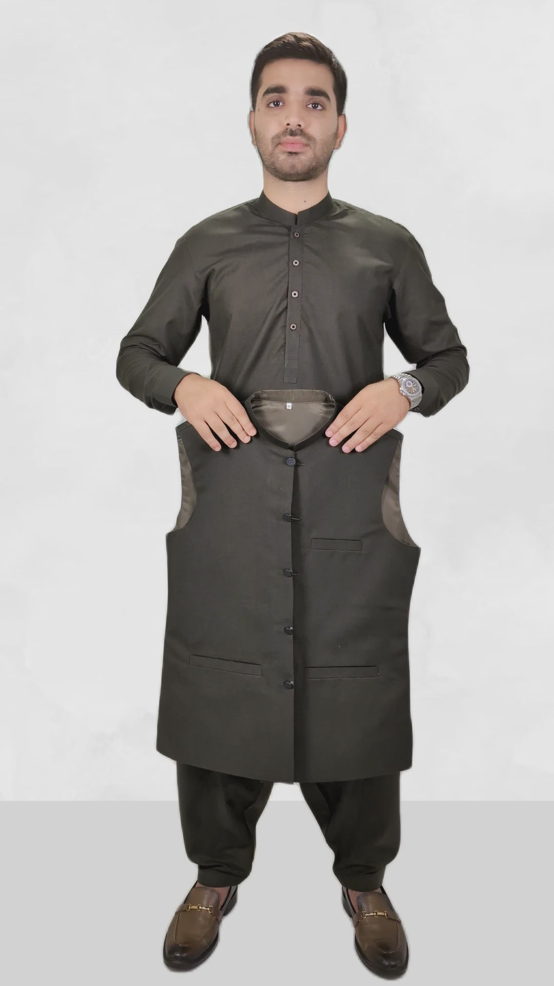 Iron Bark Green Men's Kameez Shalwar with Waistcoat (RJ-KSW121)