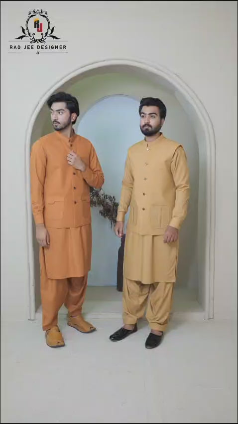 Golden Mustard Men's Kameez Shalwar with Waistcoat (RJ-KSW131)