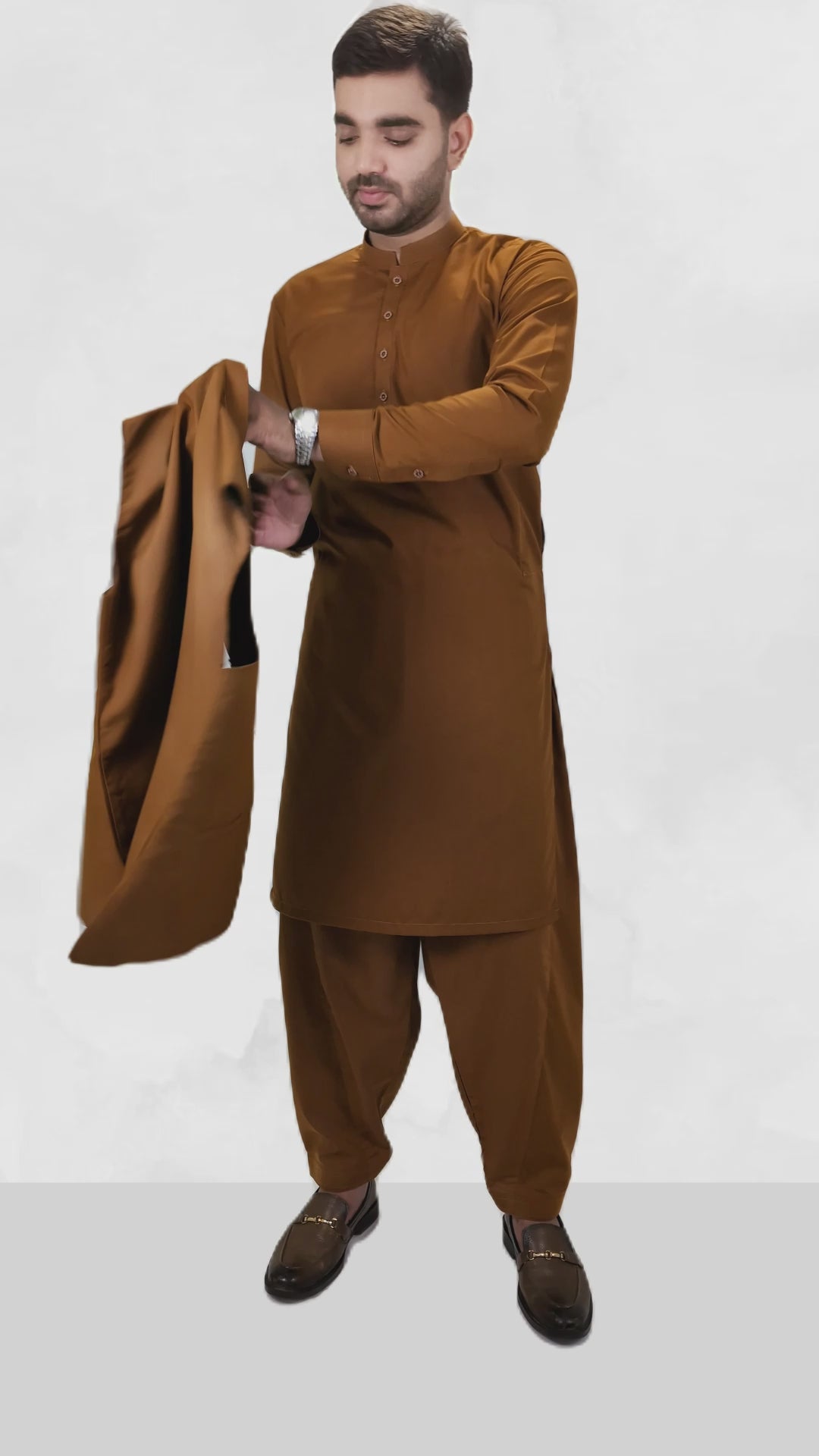 Rust Bronze Men's Kameez Shalwar with Waistcoat (RJ-KSW118)