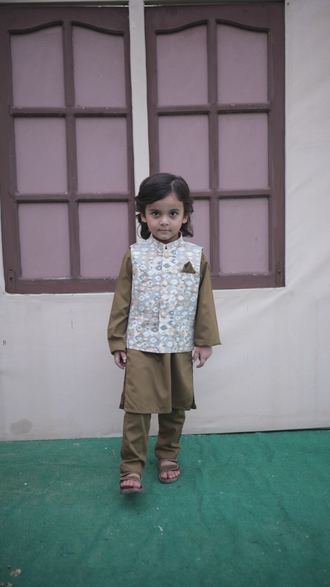 Brown Kids Kurta Pajama with Printed Waistcoat RJ-KIDS124