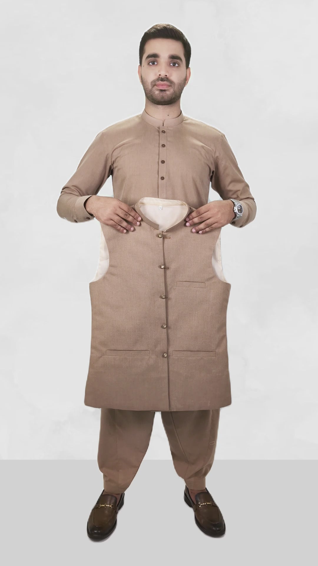 Almond Frost Men's Kameez Shalwar with Waistcoat (RJ-KSW125)