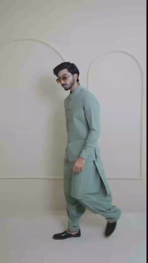Misty Green Men's Kameez Shalwar with Waistcoat (RJ-KSW129)